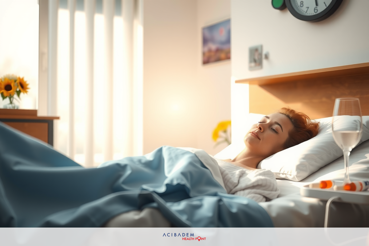 This image depicts a young woman lying in a hospital bed, possibly during treatment or recovery. She is covered with blue blankets and appears to be resting. There is a wine glass on the bedside table suggesting that someone may have been visiting her. The room has a window letting in natural light, contributing to a calm atmosphere.