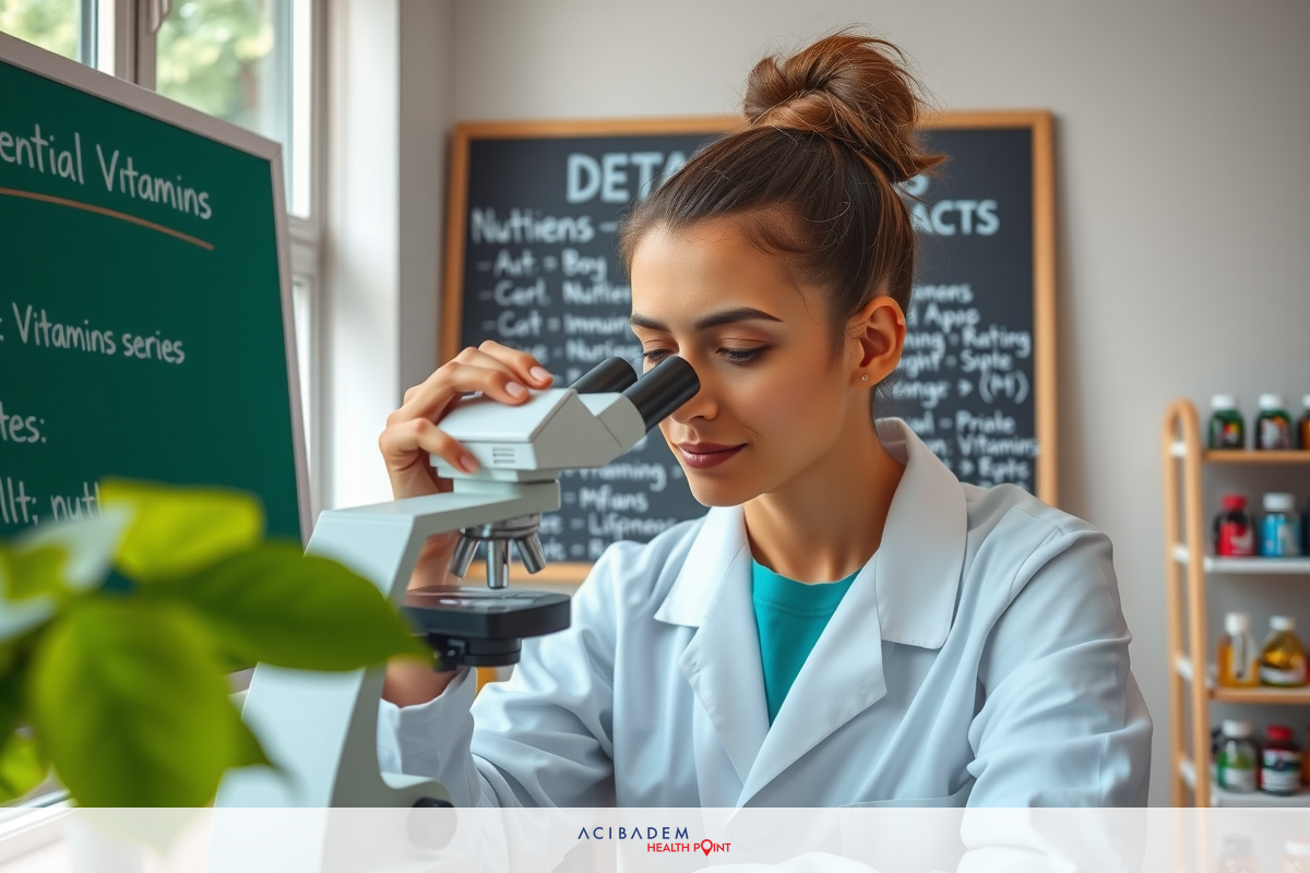 The image depicts a scientist in a lab setting, wearing a white coat and using a microscope to observe samples. The environment suggests a focus on scientific research, possibly related to biology or medicine.