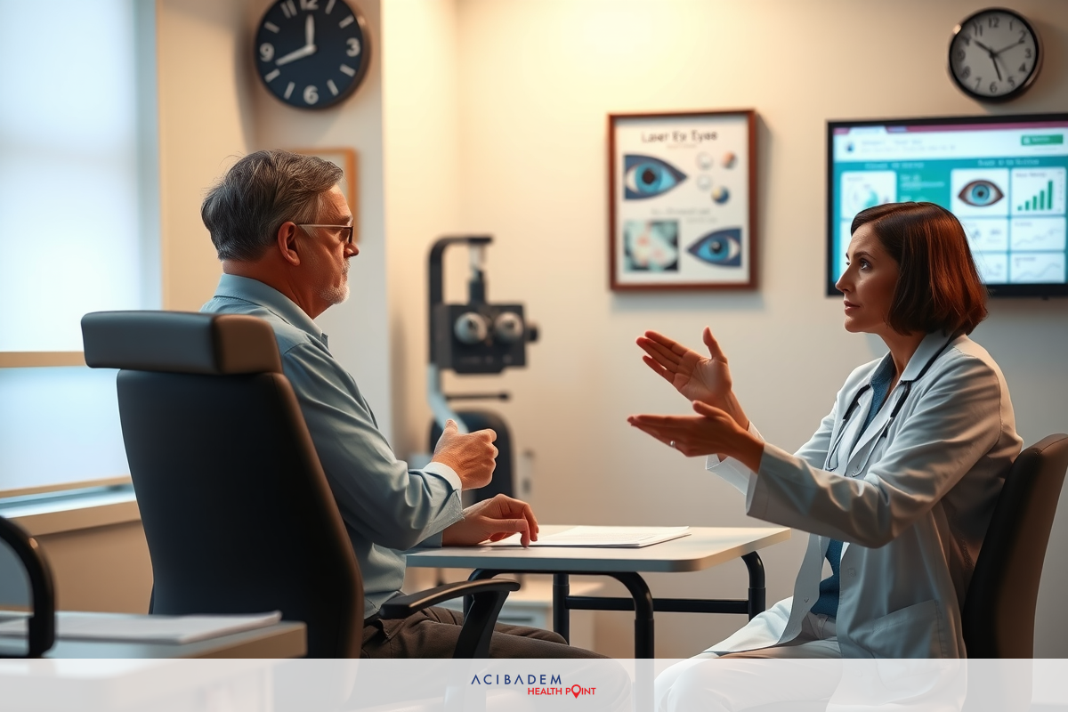 The image depicts an office setting where two individuals are engaged in a discussion. One person is seated on the left side of the frame, wearing a blue shirt and glasses. The other individual is standing to their right, dressed in a white coat, which suggests they might be a medical professional.
