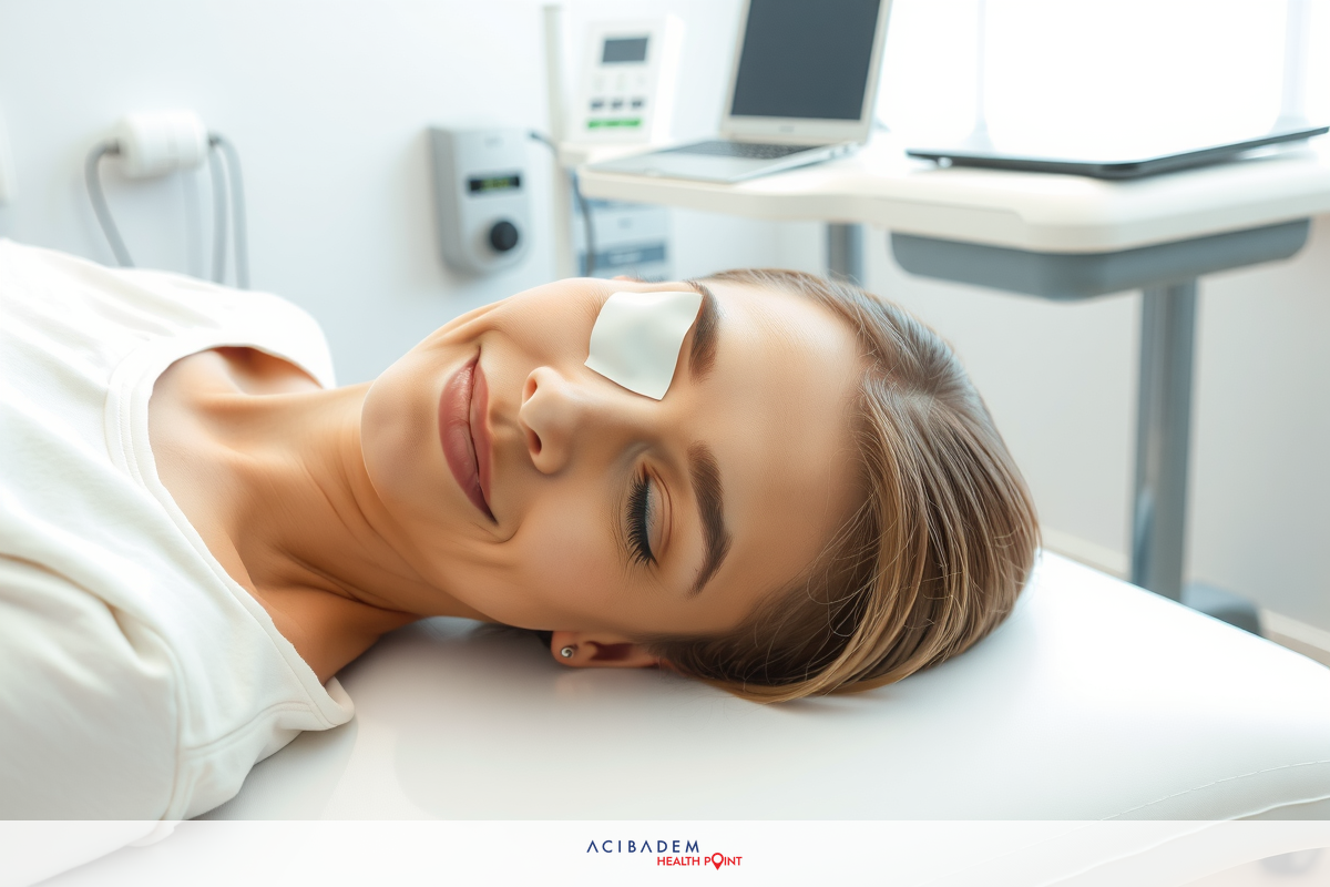 Woman with eye patch lying down and smiling. She is wearing a white shirt and has closed eyes, suggesting she may be asleep or resting during a medical procedure or test.