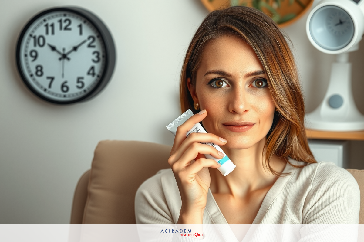 The picture shows a woman sitting on a sofa and holding a blue object in her hand. She is probably holding a cream for care. There is a clock on the back wall.