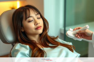 The image depicts a woman lying down in what appears to be a medical office. The person performing the procedure is holding an instrument that could be part of the eye examination process.