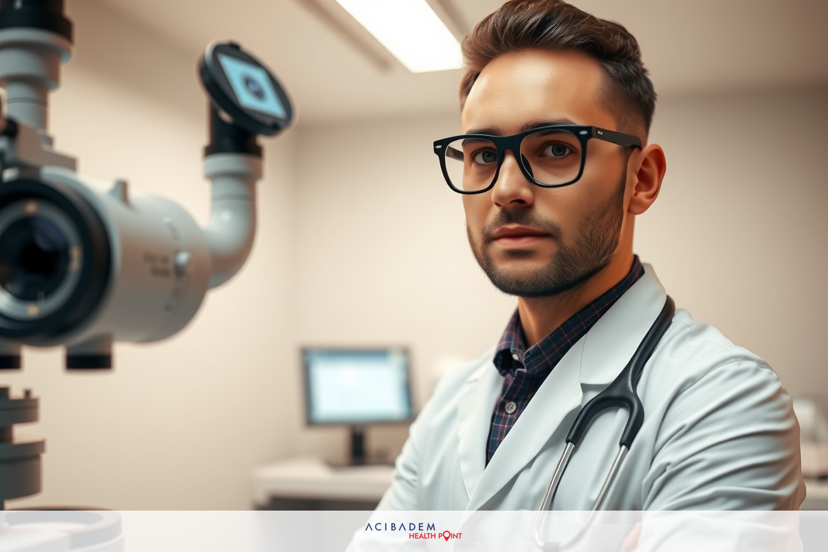 The image features a young male doctor, likely in an ophthalmological or optometric practice setting. He is wearing eyeglasses and a white lab coat, indicating his professional role as a healthcare provider.