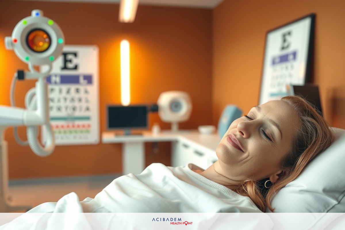 The image shows a woman lying on her back in a medical setting, possibly during a medical examination. She appears to be resting with her eyes closed, and there's a smile on her face which might suggest she is feeling comfortable or content.