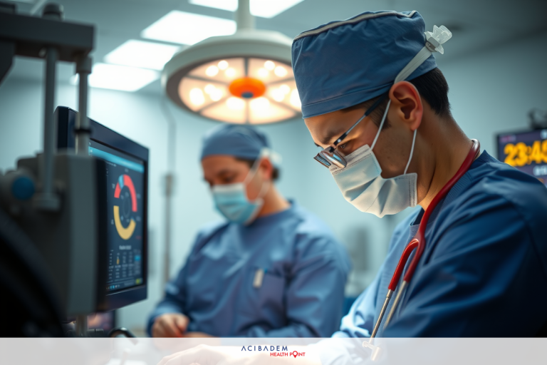 This is a photo taken in an operating room. There are two surgeons at work; one is standing and appears to be scrubbing his hands, while the other is sitting and looking down, possibly studying or preparing something.