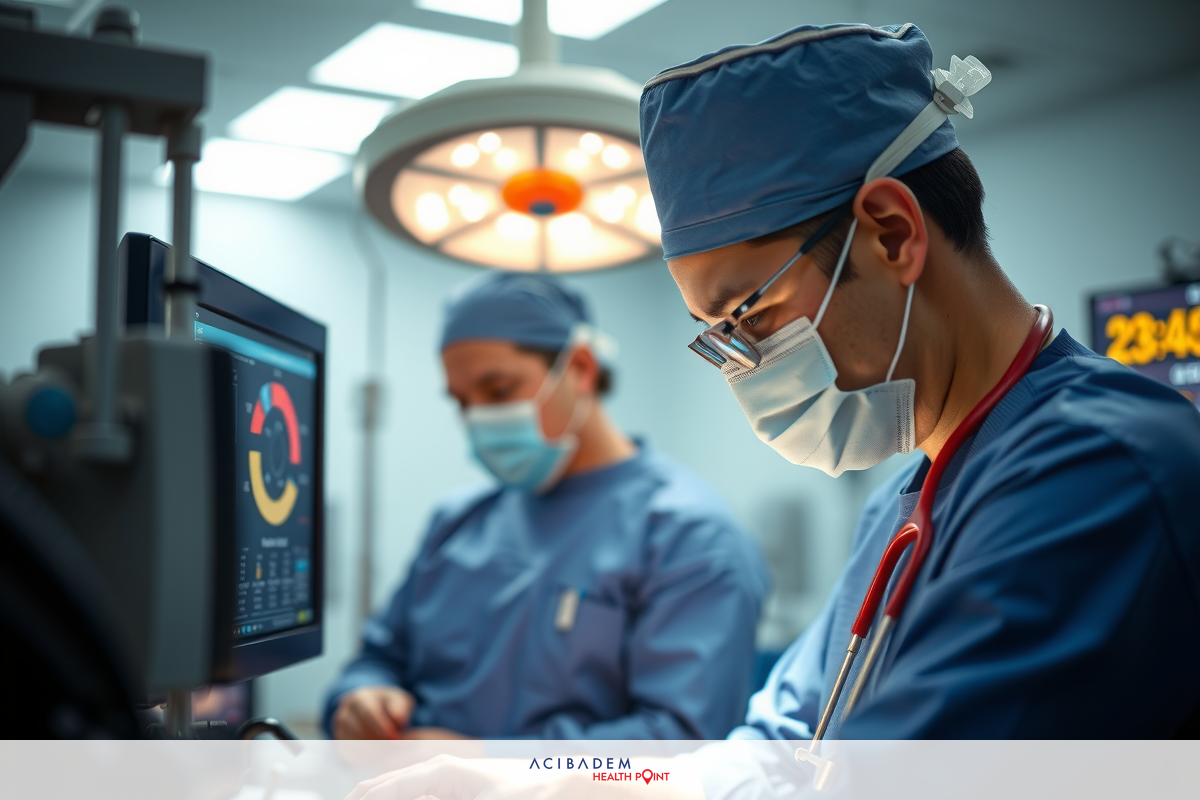 This is a photo taken in an operating room. There are two surgeons at work; one is standing and appears to be scrubbing his hands, while the other is sitting and looking down, possibly studying or preparing something.