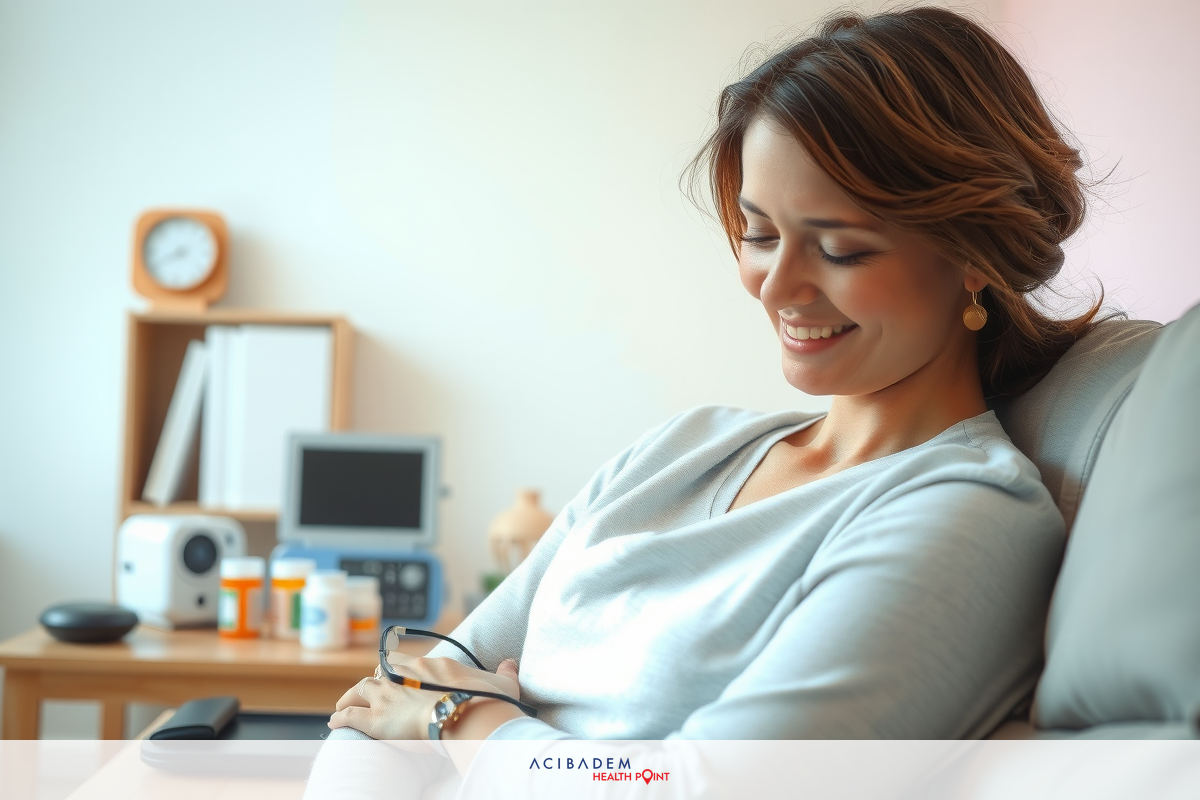 The image shows a woman sitting on a couch in an indoor setting. She is wearing a grey top and appears to be looking off to the side with a slight smile on her face, which suggests she might be feeling content or relaxed. The room has a casual ambiance, with some books and papers visible, indicating a space that could be used for work or leisure activities.