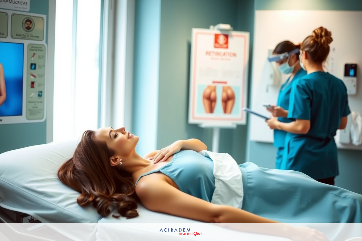 Medical scene with woman lying on hospital bed, healthcare professionals providing care. Modern medical environment with clean surfaces and digital displays.