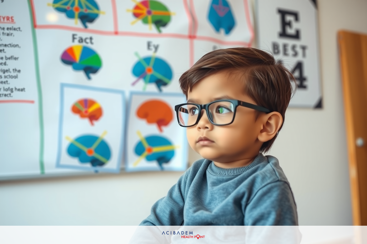 The image shows a young child wearing glasses and looking at the camera with a slightly disgruntled or confused expression. The child is seated in what appears to be an educational setting, possibly a classroom or workspace, with diagrams and drawings on a whiteboard behind him.