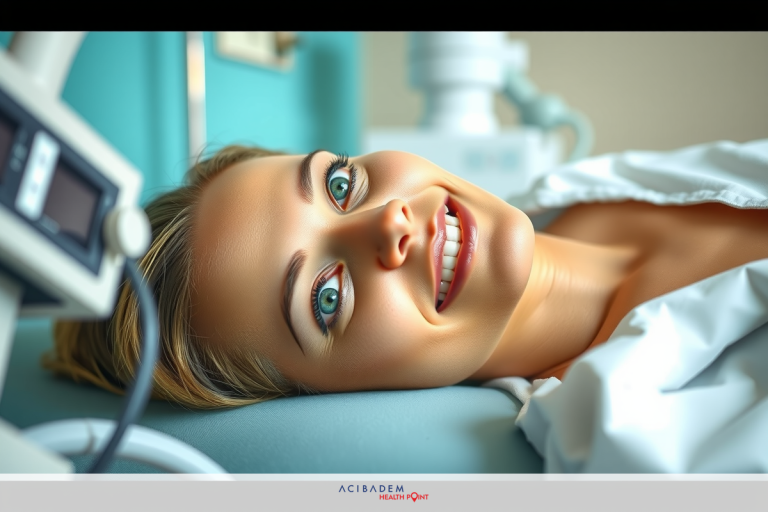 Is Laser Eye Surgery Successful? A woman smiling while lying in a hospital bed with medical equipment around her. She appears to be receiving an examination or treatment.