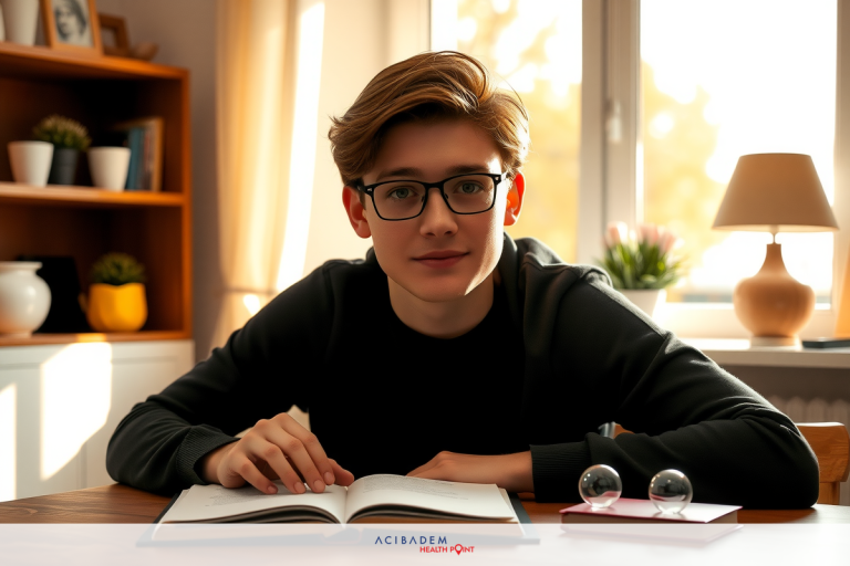 Can You Get Laser Eye Surgery If Your Under 18 A young man wearing glasses is sitting at a wooden desk, studying. He has an open book in front of him and is focused on the content. The room has a warm, inviting atmosphere with natural light coming through the windows.