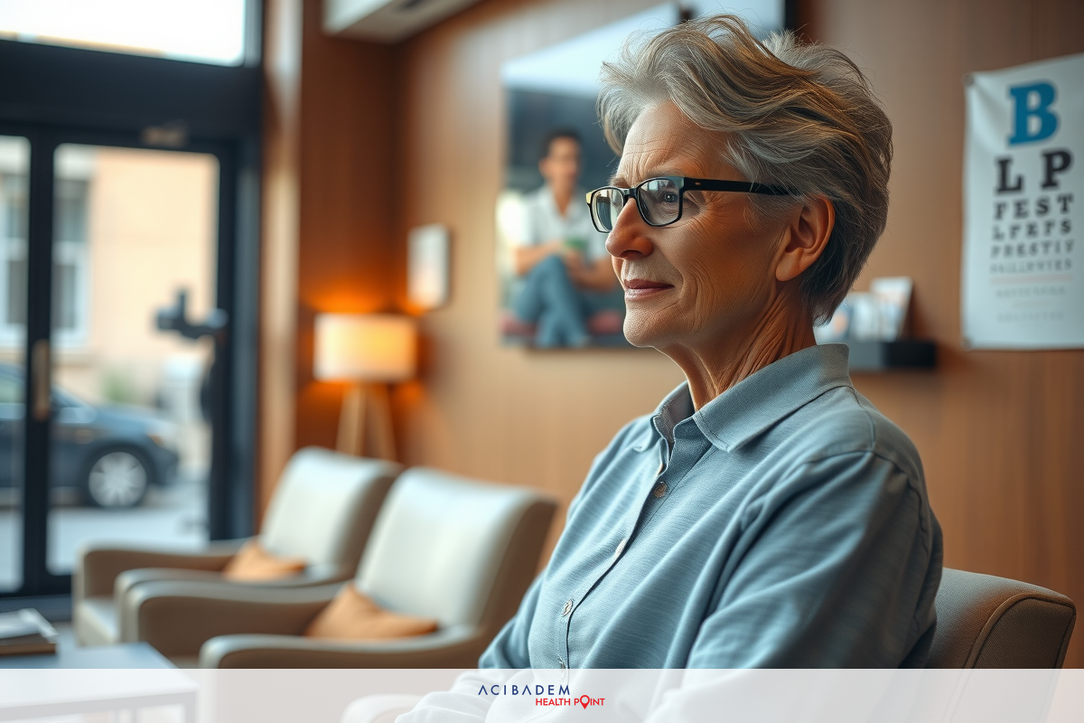 An elderly woman wearing glasses sits in a modern office and looks ahead. She is casually dressed and looks relaxed.