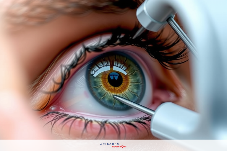 Medical eye examination. High-tech diagnostic tools are used to examine the eye and its health, including a dilated pupil for detailed inspection.