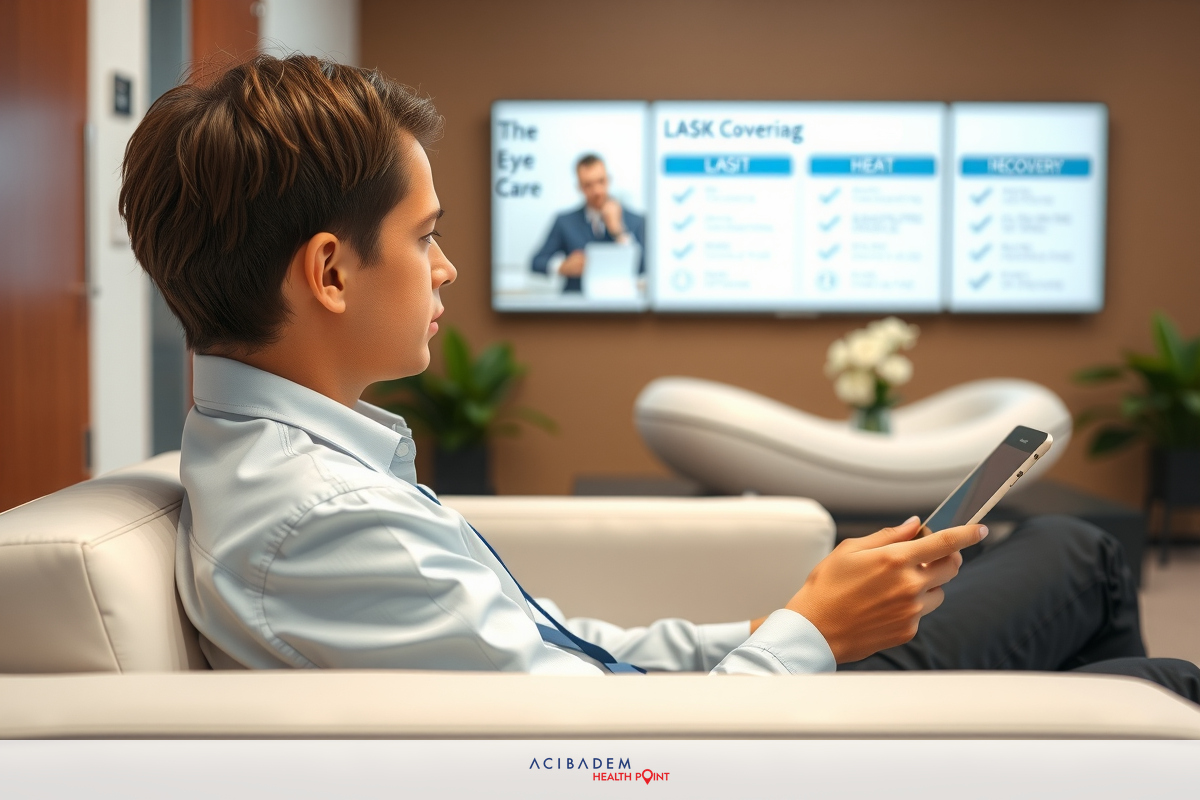 A man in a business setting is sitting on a couch with his legs crossed, looking at his phone. The environment suggests a professional or corporate office atmosphere with modern furnishings and technology displays visible.