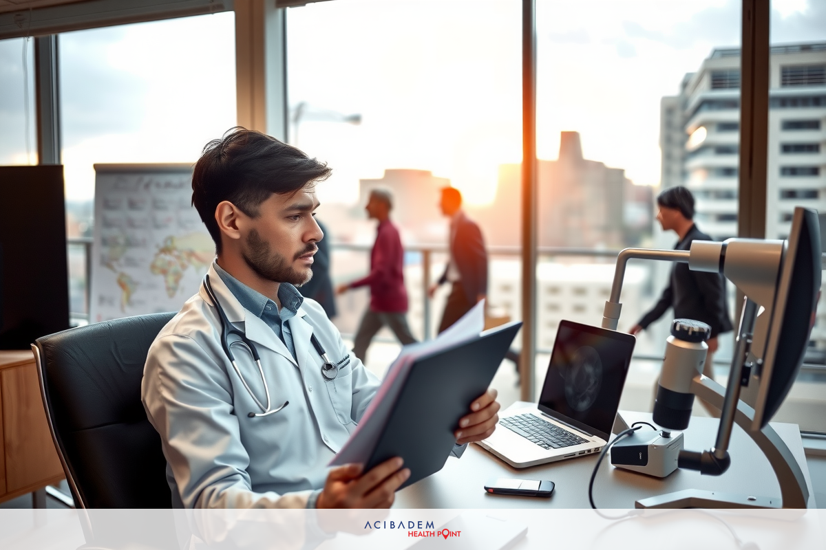 This is a photograph of a male healthcare professional in an office environment. The man, presumably a doctor or nurse due to his attire and the setting, appears focused on reading or reviewing paperwork at his desk. He has short dark hair and is wearing glasses, a light blue shirt with a white tie, and a stethoscope around his neck. The room has large windows allowing natural light in, suggesting it's daytime. The setting is modern and professional, equipped with digital devices and workspace for telemedicine or remote patient consultation.