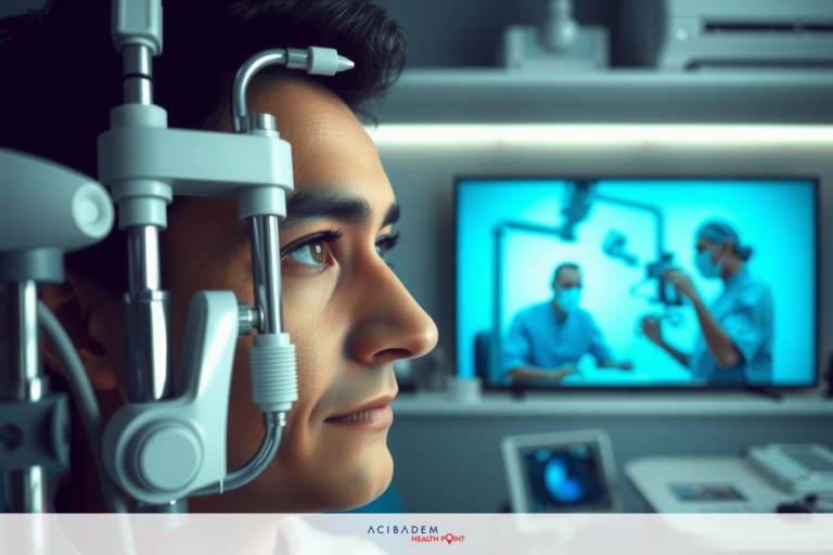 Does Laser Eye Surgery Reduce Night Vision A man in a futuristic medical setting, wearing advanced headgear that includes eye tracking technology. The background features screens displaying medical imaging and data.