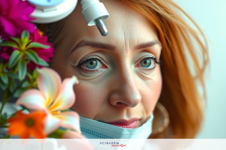 The image features a woman wearing a mask and sitting in front of various flowers. The focus is on her eyes, which are framed by the mask. She appears to be looking straight ahead at the camera.