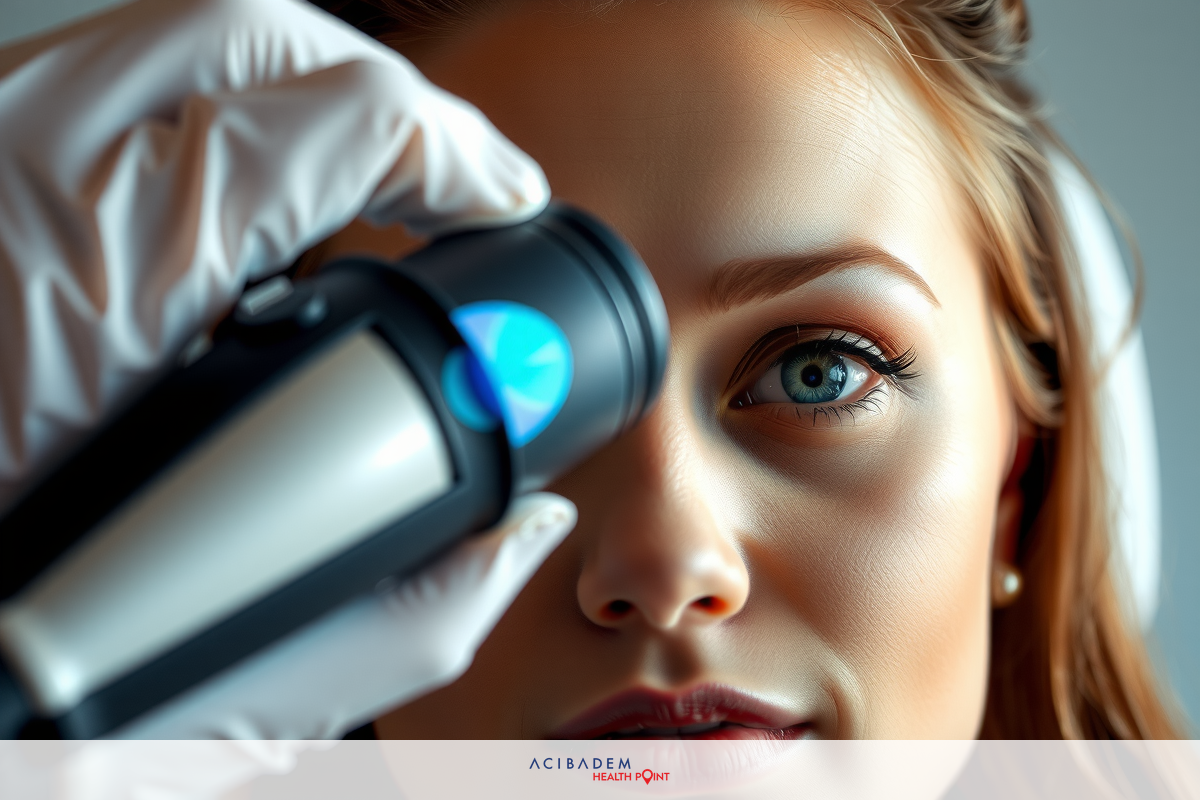 The image depicts a close-up of a woman's face, focusing on her eye. She appears to be in the process of receiving some kind of medical examination or screening test, as evidenced by the device resembling an ophthalmoscope held up close to her eye, and her attentive gaze directed towards it.