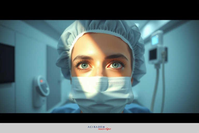 How is Laser Eye Surgery Carried Out The image shows a person wearing medical scrubs and surgical mask, indicative of a healthcare professional, likely in an operating room or similar environment.