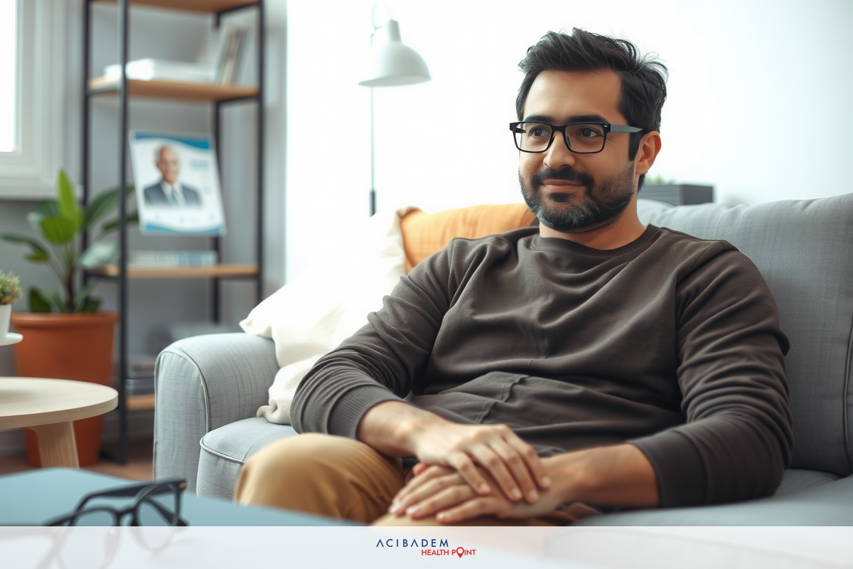 A man is seated on a couch in a cozy living room. He is casually dressed and wearing glasses. The room has modern furniture and decor, suggesting a comfortable and contemporary setting.