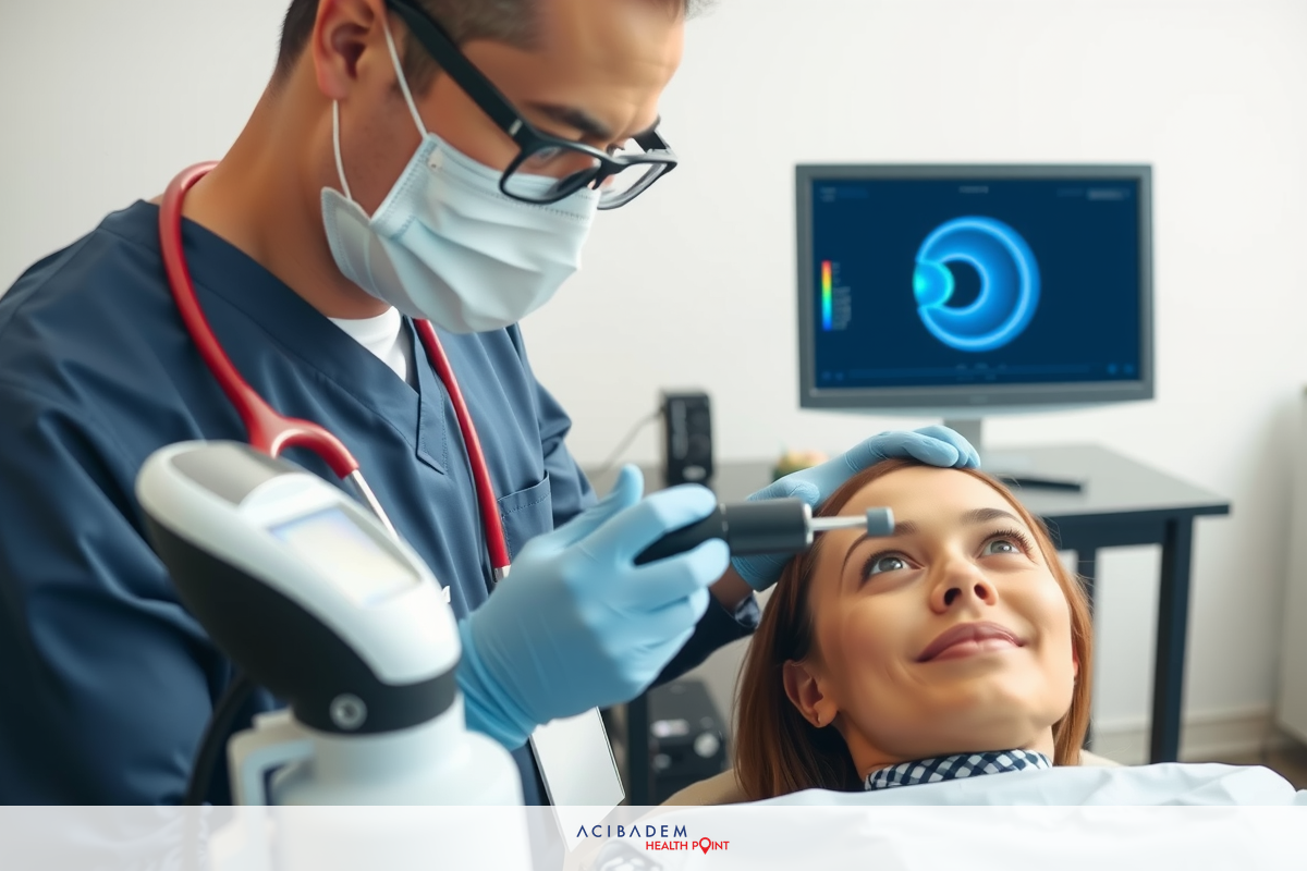 Adult woman lying in medical examination chair, smiling at doctor. Doctor wearing surgical face mask and glasses. In the background, there's a monitor displaying various health-related data and graphs. A bright light source shines on the patient's face as part of the examination process.
