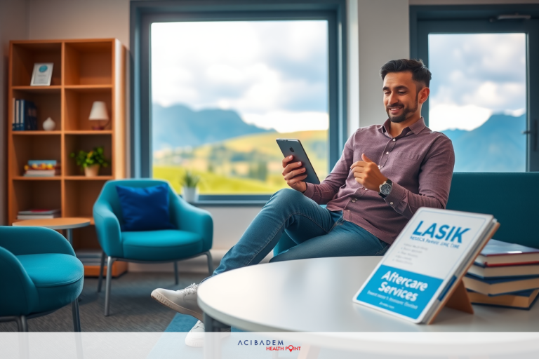 In the image, a man is seated in an office environment. He is holding a tablet and smiling. The room contains a desk with books on it. There's also a window showing a view of mountains in the distance, suggesting the location might be near nature or at high altitude. The man's attire includes a casual shirt and jeans, indicating a relaxed work environment.