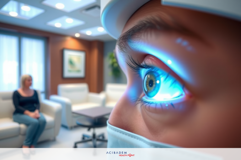 How Much Is LASIK Eye for Astigmatism This is a photograph showing a close-up of a person's face with their eyes shining blue, likely from reflected light. The individual appears to be seated in an indoor room with a blurred background that suggests a waiting area or office space.