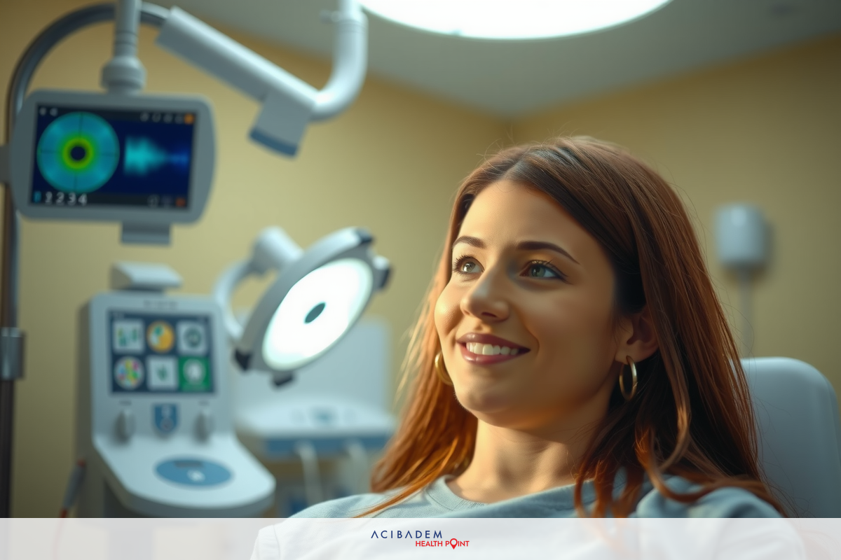 The image shows a woman seated in a medical examination room. She is looking up with a smile on her face, possibly interacting with the doctor or examining the results of a scan displayed on the screen above her head. The room has clinical equipment and decor, such as an adjustable examination chair, a patient monitor, and ambient lighting indicative of a professional healthcare setting.