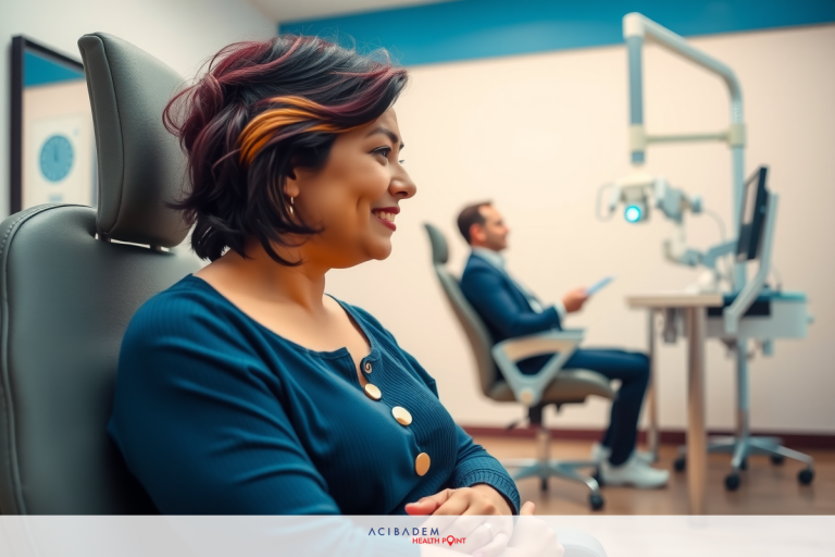 A woman is sitting in an examination chair, possibly communicating with the person across from her. The woman is wearing a dark blue blouse and has her hands clasped over her stomach. In the background is a man, possibly undergoing an eye exam.