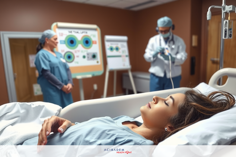 The image shows a hospital setting with two medical professionals attending to a patient who is lying on a hospital bed. One nurse is standing and appears to be monitoring the patient's condition, while another professional in full surgical gear is at the foot of the bed, possibly preparing for or having just completed a procedure.