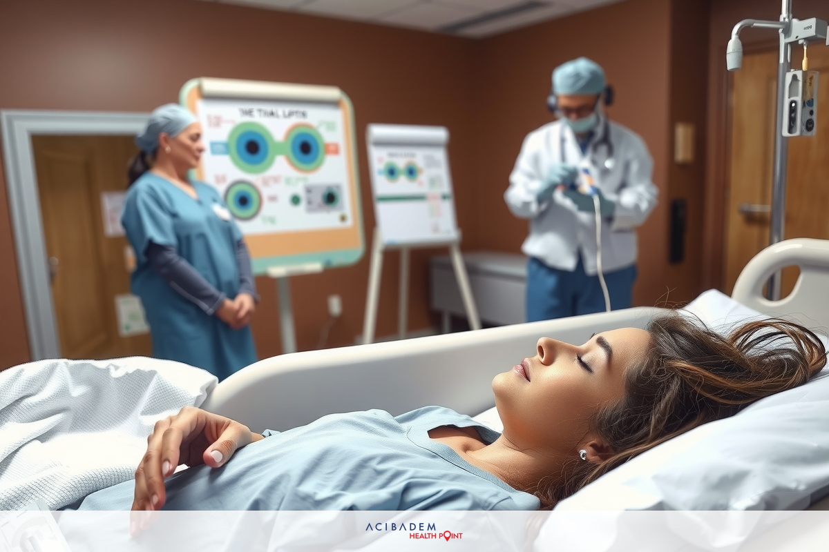 The image shows a hospital setting with two medical professionals attending to a patient who is lying on a hospital bed. One nurse is standing and appears to be monitoring the patient's condition, while another professional in full surgical gear is at the foot of the bed, possibly preparing for or having just completed a procedure.