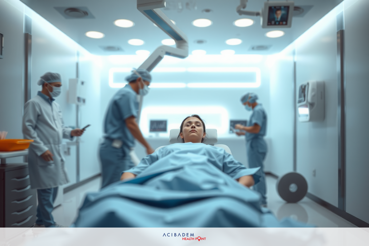 This image depicts an operating room scene with surgeons performing surgery on a patient. The patient is lying on a surgical bed, covered in sterile cloths. Surgeons are dressed in medical attire and are standing around the patient, focusing on their work. One of them appears to be using an instrument during the procedure.