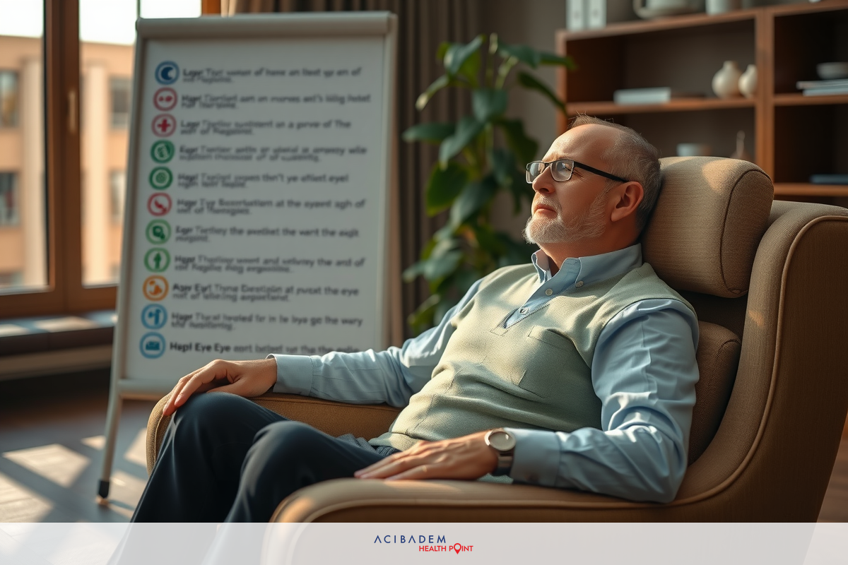 The image shows an older man seated comfortably in a living room. He is dressed in casual attire, including a cardigan and slacks. The room appears cozy with a soft color palette, featuring neutral tones of beige, cream, and brown. There's a window with natural light filtering into the room, suggesting a bright day outside. A whiteboard or presentation board can be seen in the background, indicating that the man might be at work or taking a break to relax.