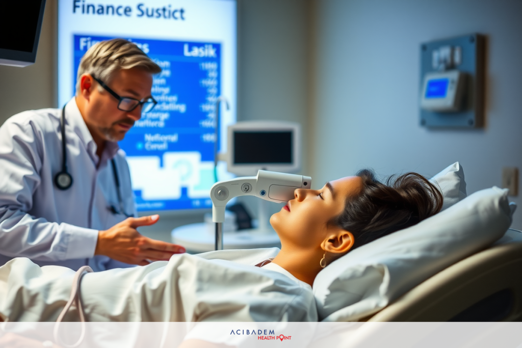 How Much Is LASIK Eye Surgery on Average The image depicts a medical scene with a doctor examining a patient. The doctor, a male wearing a white lab coat and glasses, is standing on the right side of the bed.