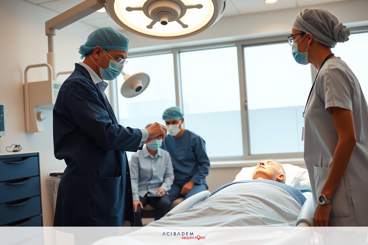 Doctors and nurses in a medical setting. They are wearing surgical masks and gloves, indicating they are performing a medical procedure. The hospital environment has bright lighting and clear surfaces.