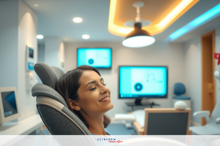 Is LASIK Eye Surgery Considered Cosmetic? The image shows a woman seated in a modern wellness center with advanced technology. She is smiling and appears relaxed, indicating she may be experiencing a rejuvenating treatment or massage. The environment includes multiple monitors displaying graphs and charts, suggesting data monitoring for the services provided. A futuristic design with sleek furnishings and contemporary lighting gives the scene an advanced and welcoming atmosphere.