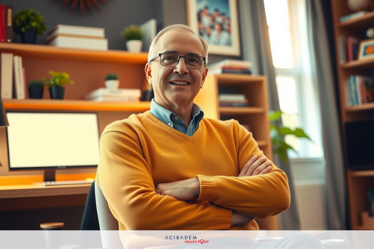 When Is the Best Age to Get Laser Eye Surgery? A middle-aged man in a yellow sweater sits at his desk with his arms crossed, looking relaxed and smiling. He's surrounded by various items like books, a computer monitor, a potted plant, and a framed photo on the wall.