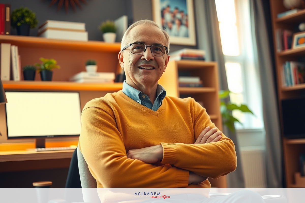 A middle-aged man in a yellow sweater sits at his desk with his arms crossed, looking relaxed and smiling. He's surrounded by various items like books, a computer monitor, a potted plant, and a framed photo on the wall.