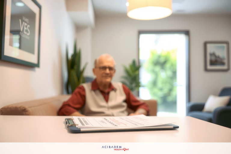 An elderly man sitting at a desk in an office environment, surrounded by modern furniture.