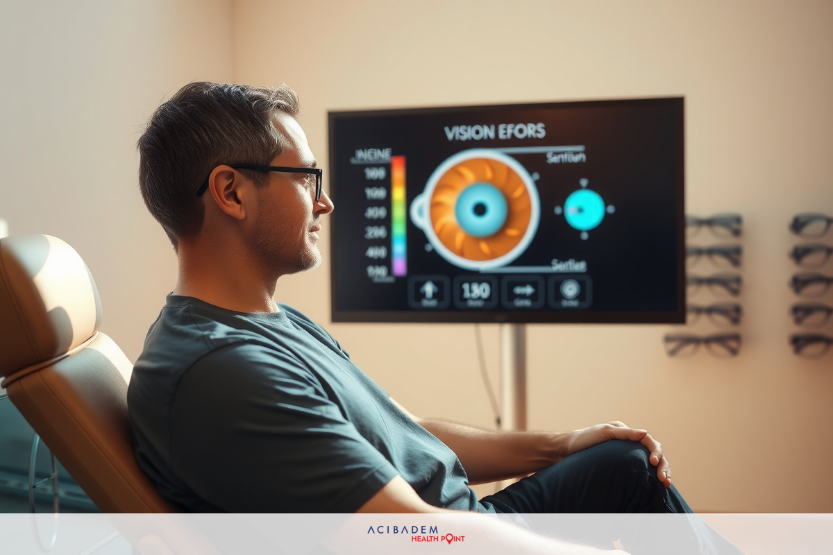 A man is seated in a chair with his head resting on the back of the chair. He appears to be relaxed and is wearing glasses, a casual shirt, and jeans. In front of him is a large screen displaying medical test results that include graphs and information about the patient's vision.