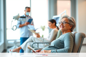 A medical office waiting room with a woman reading a book, and a man in a white lab coat. There is another person seated across the room.