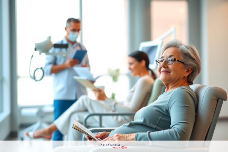 A medical office waiting room with a woman reading a book, and a man in a white lab coat. There is another person seated across the room.
