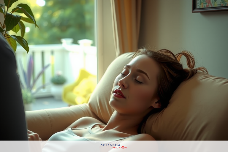 A woman lying on her back with her head resting on a pillow, appears to be asleep. The room is dimly lit with natural light coming from an open window that reveals greenery outside. There's a small potted plant next to the couch.