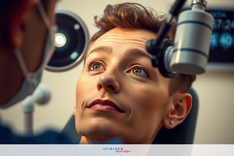 How Much is LASIK Eye Surgery in Florida? A person is seated in a medical chair. The doctor stands over them, holding an instrument with a bright light.