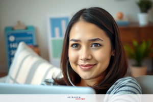 A young woman is seated comfortably on a couch in her living room, using a laptop. She has long dark hair and is wearing a striped sweater. The laptop is open on her lap. There's natural light coming through the window, suggesting it might be daytime. In the background, there are various items including a potted plant, which adds a touch of greenery to the space.