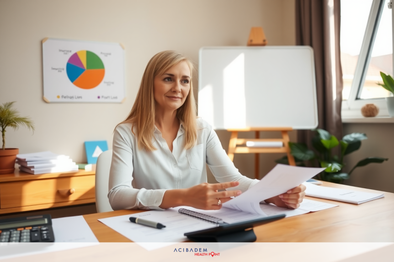 How to Finance My Rhinoplasty The image shows a woman sitting at an office desk, engrossed in reading papers. She is wearing a professional white blouse and appears focused on her work. The office environment includes typical furnishings like a desk with a computer monitor, books stacked neatly to one side.