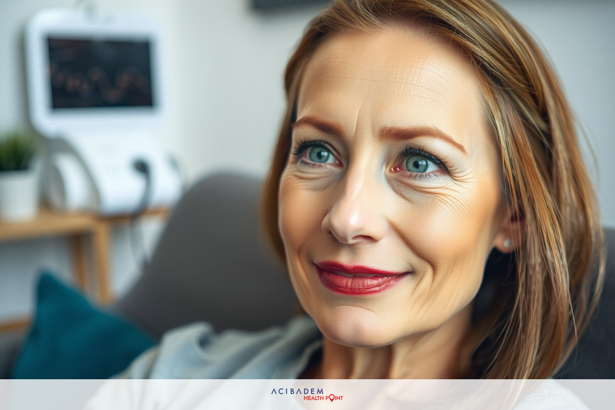 This image shows a woman sitting comfortably on a couch, looking relaxed and content. She has short hair with some highlights, suggesting a casual or comfortable setting.