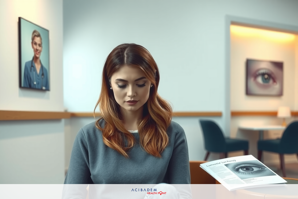 A young woman seated at a desk in an office environment, looking down and holding a magazine. The room has artwork on the wall.