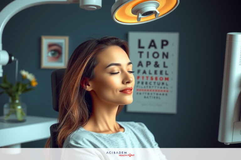 The image shows a woman sitting in an eye examination chair. She appears relaxed with her eyes closed, possibly undergoing a test or waiting for the test results.