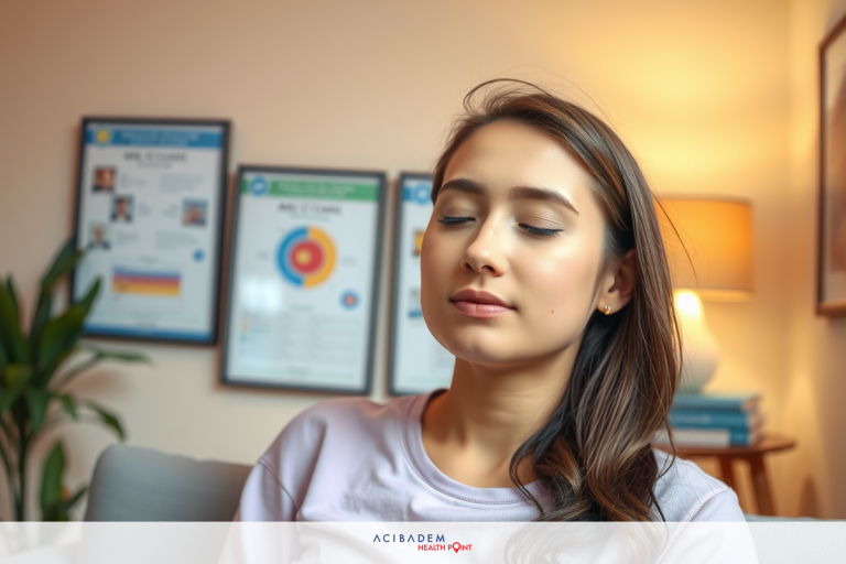 The image is a photograph of a person. The subject appears to be seated in an indoor environment, possibly an office or a waiting area. There are papers and what looks like posters with text pinned to the wall, suggesting it could be a professional setting.